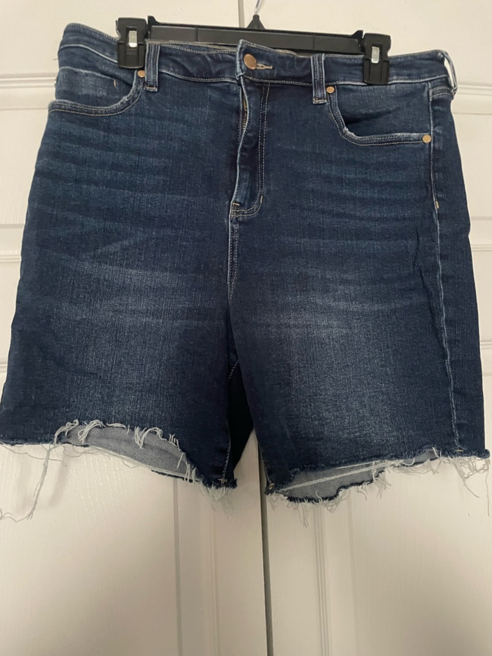 Dark Blue Frayed Hem Denim Shorts - Women